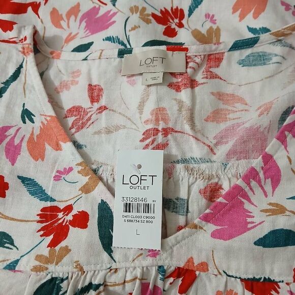 Ann Taylor womens large linen viscose red pink floral shirt flutter sleeve top - Picture 6 of 8